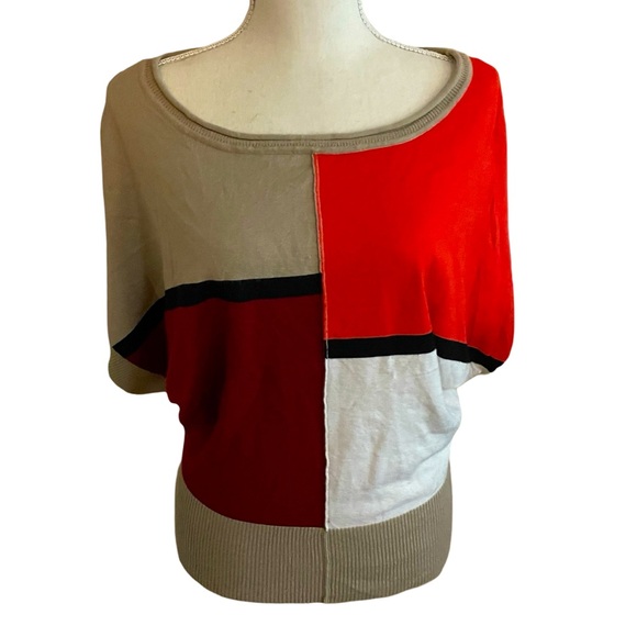 Catch My I tan white sweater Size LG short sleeve rayon Colorblock round neck - Picture 1 of 13